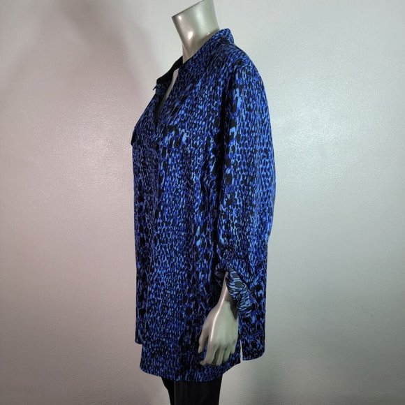 Maggie Barnes Top Plus Size 2X 22/24W Tab Sleeve Stretch Collared Button Up Blue - Picture 3 of 6